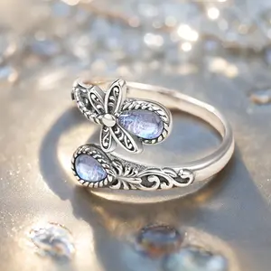Moonstone Dragonfly Ring, Adjustable Dragonfly Open Gemstone Ring, Women's Fashion Accessories, Perfect for Casual Outfits and Mother's Day Gifts