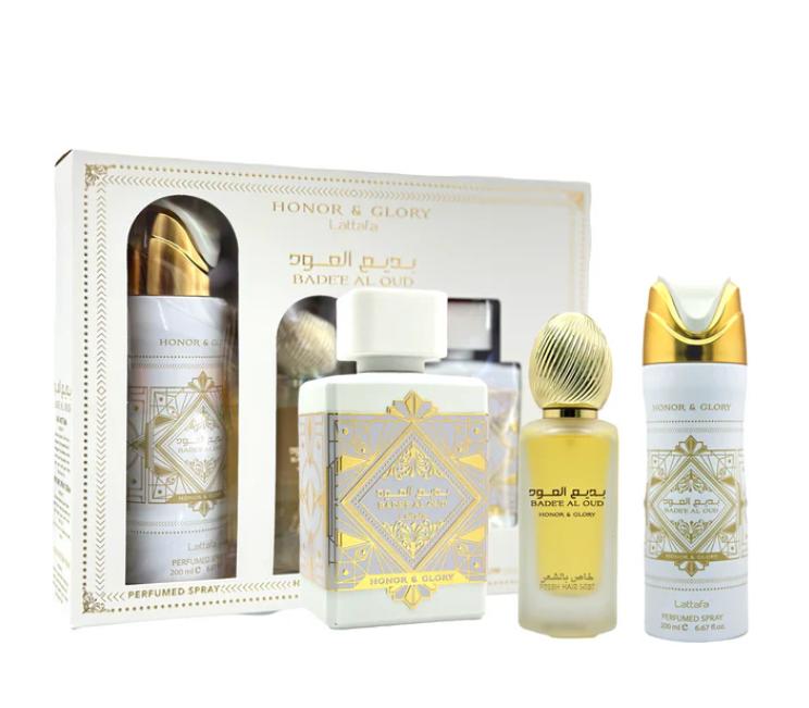 Lattafa Badee Al Oud Honor & Glory Gift Set - Eau de Parfum 3.4oz, Hair Spray 1.6oz, and Body Spray 6.7oz - Luxurious & Lasting Scent Lattafa Badee Al Oud Honor & Glory Gift Set - Eau de Parfum 3.4oz, Hair Spray 1.6oz, and Body Spray 6.7oz - Luxurious & Lasting Scent
