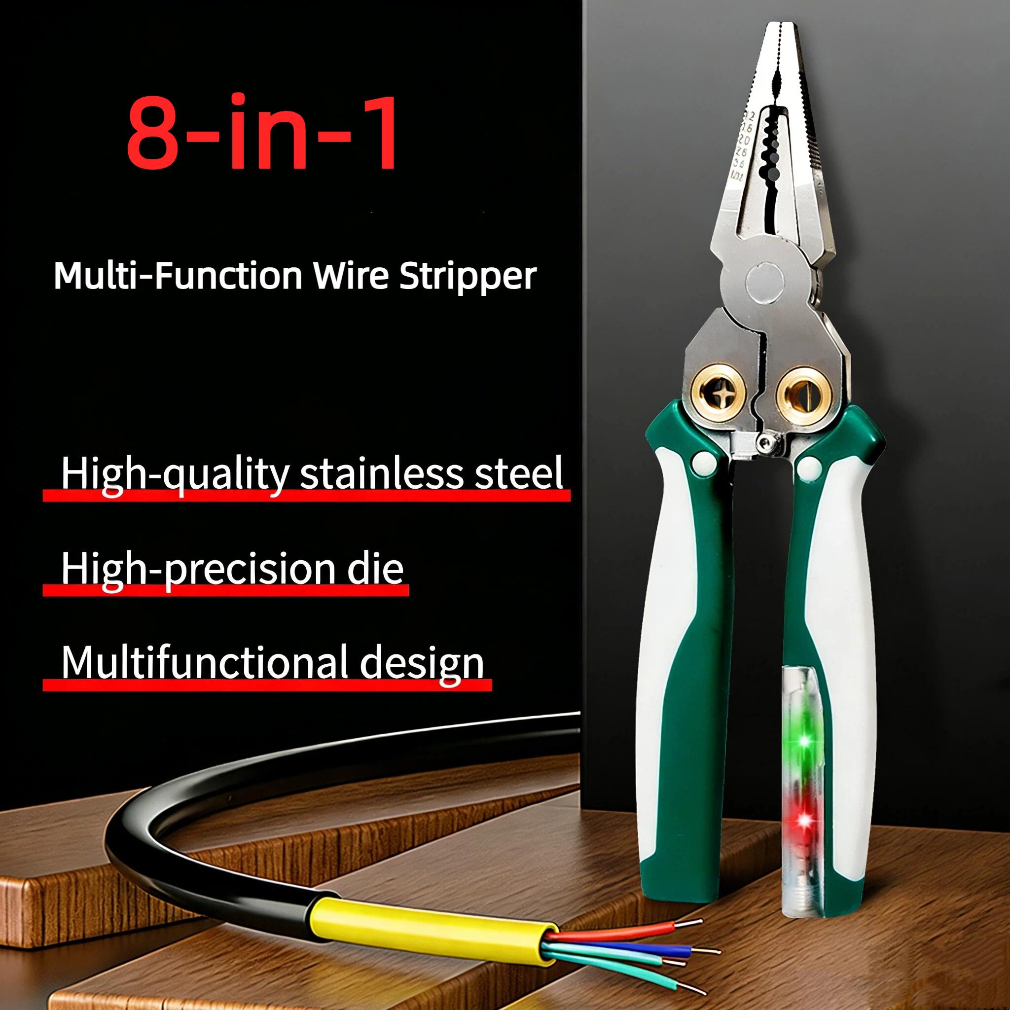 8-in-1 Stainless Steel Multi-Function Wire Stripper Pliers with Voltage Testing, Cutting, Stripping, Crimping, Wire Splitting Tool for Electricians and Home Repair