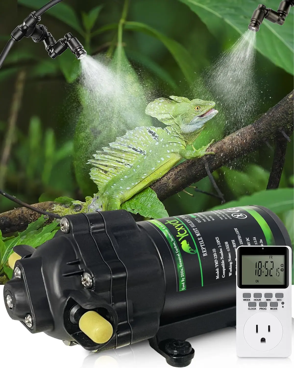 Automatic Reptile Mister System with Programmable Second-Accurate Timer, Quiet Humidifier Pump, Expandable to 10 Fine Mist Nozzles for Terrariums