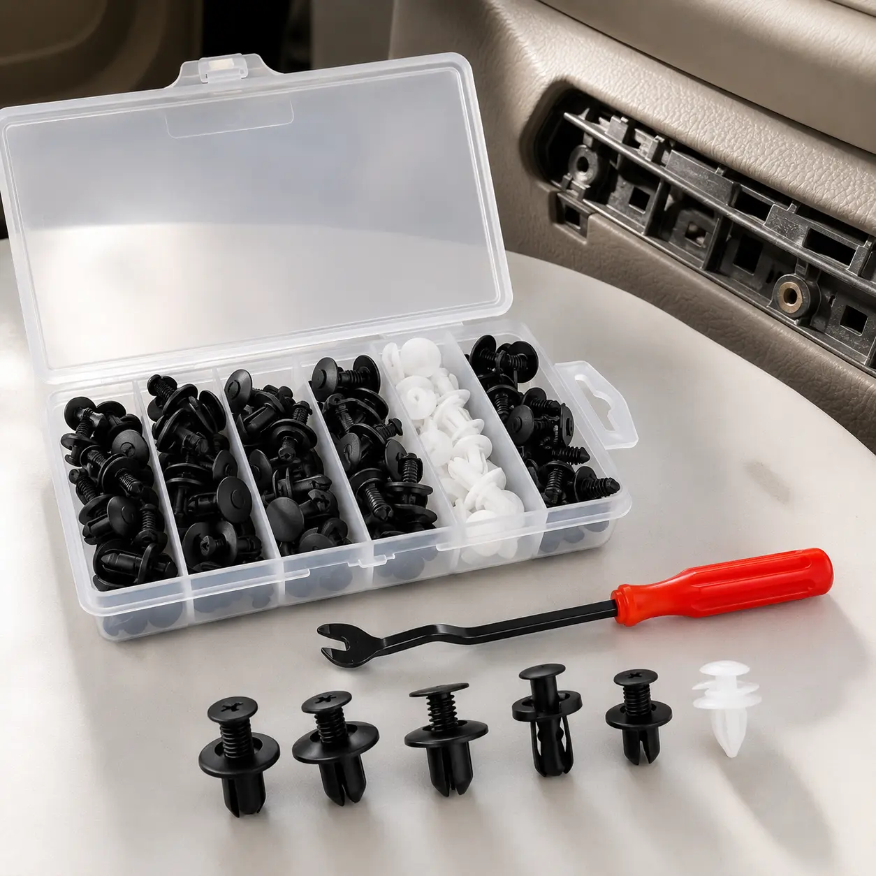 100Pcs Car Bumper Retainer Clips with Removal Tool, 100pcs 6 Sizes Plastic Car Clips Kit, 100-piece automotive fasteners, Universal Expansion Screw Clips Set, Car Bumper Repair Tool Kit with Organizer Box