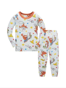 Boys' Long Sleeve Pants Set, Fitted Cut, Snug Fit Pajamas, Cartoon Monkey Print, Vibrant Patterns, Comfortable Casual Home Wear, Sleepwear, Spring Summer Fall, Ages 1-8 Years