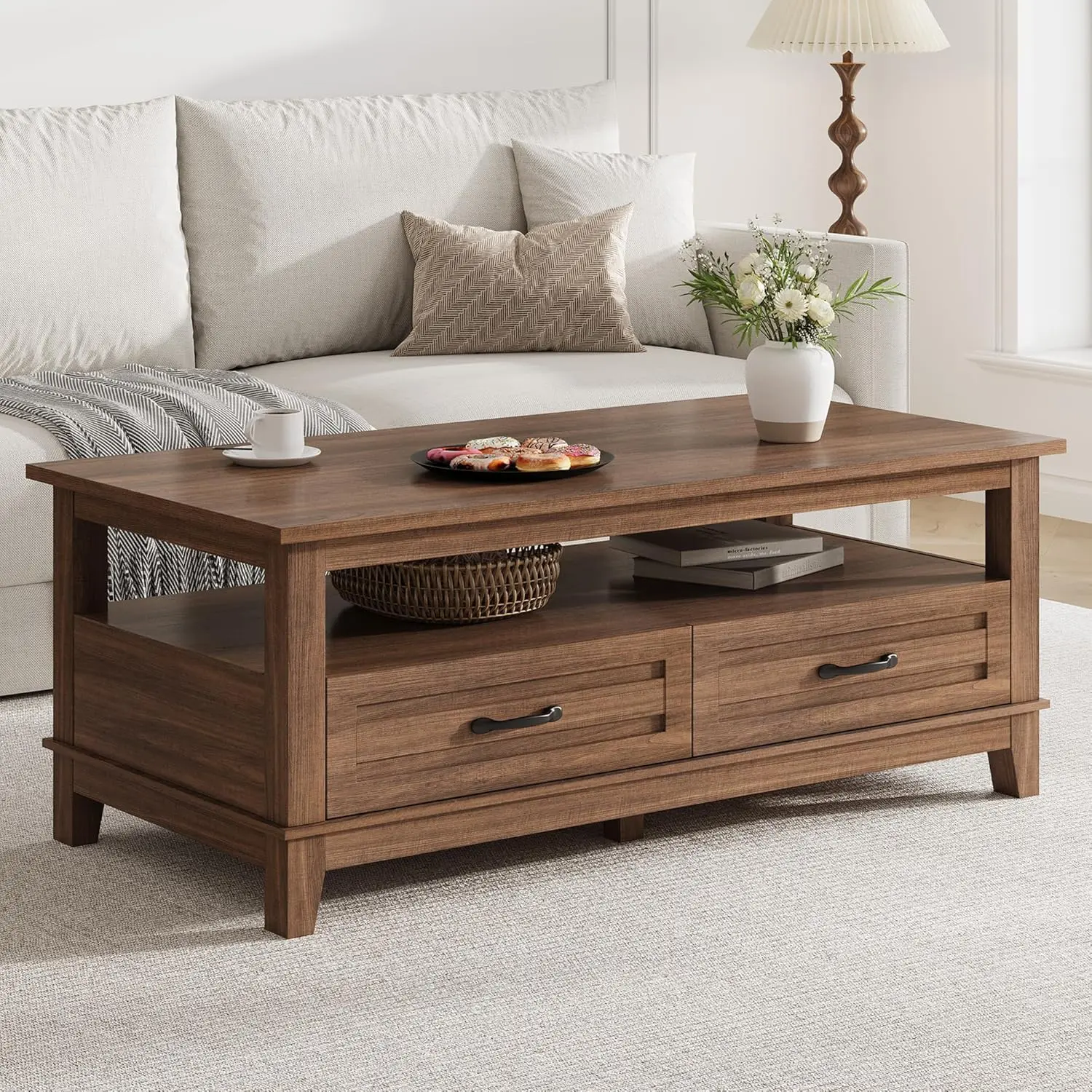 47in Farmhouse Wood Coffee Table - 6-Legged Base, Multiple Drawers, Easy Setup, Wood-Accent End Table for Living Room, Office, Brown, Wood-Accent End Tables