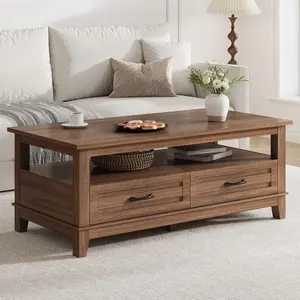 47inch Farmhouse Coffee Table with Drawers Rustic Coffee Table Wood Center Table Easy Assembly Living Room Table for Office Parlor Reading Room - Brown