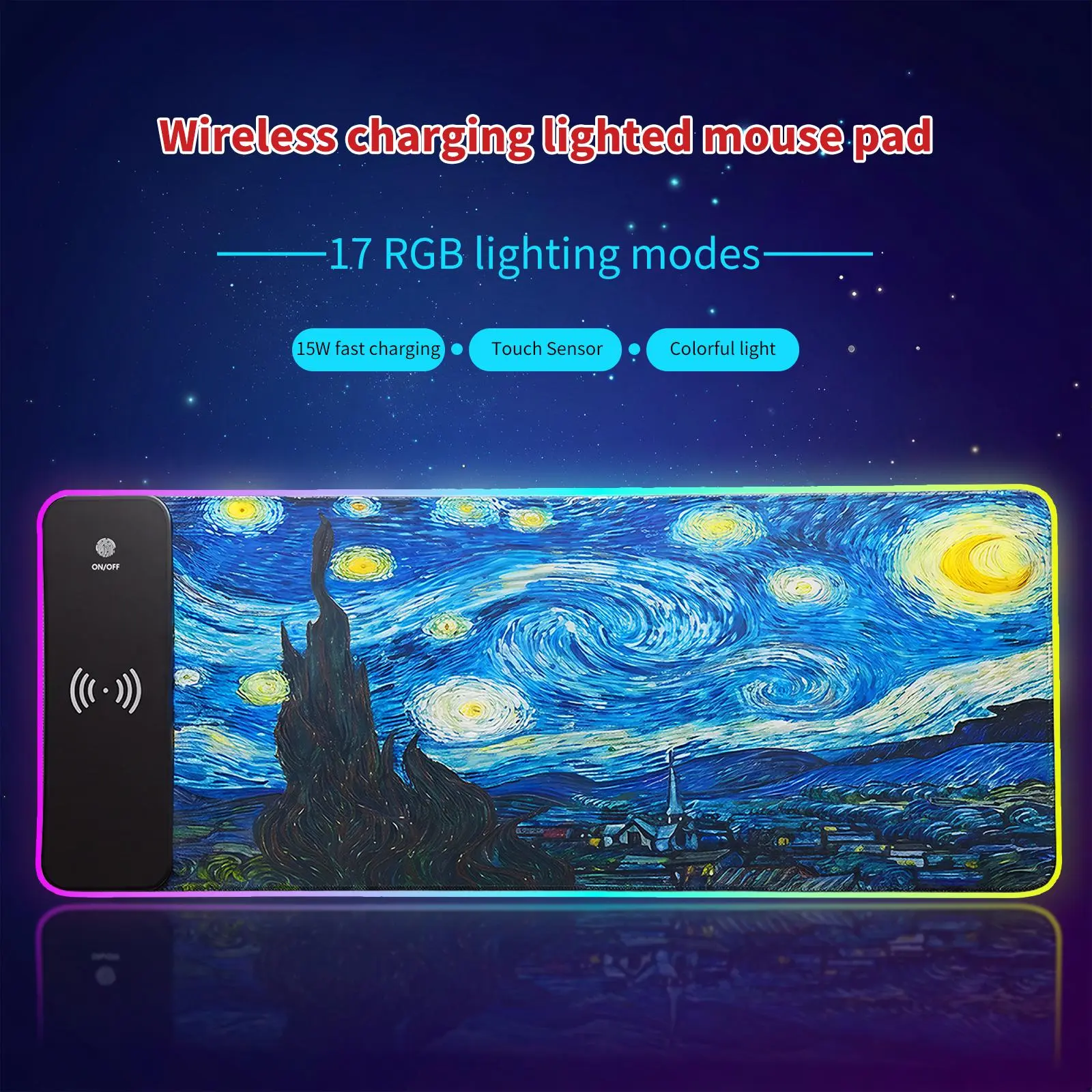 RGB Gaming Mouse Pad - 15W Wireless Charging Large Desk Mat, 17 LED Light Modes, Waterproof Non-Slip Rubber Base Keyboard Mat for Gaming & Home Office, Blue Meteor Starry Sky, Rgb Gaming Mouse Pads