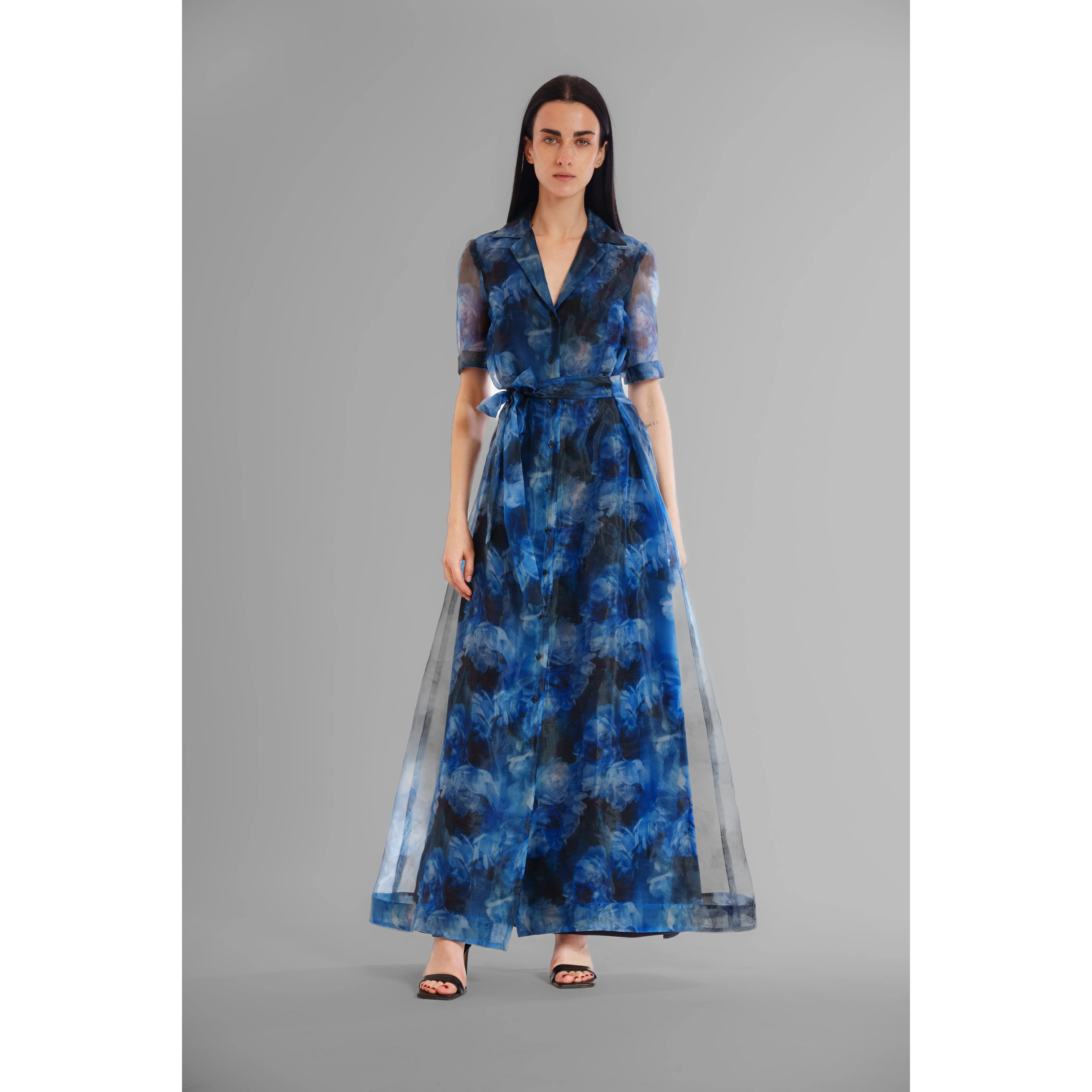 SHORT SLEEVE PRINTED ORGANZA SHIRT DRESS LONG