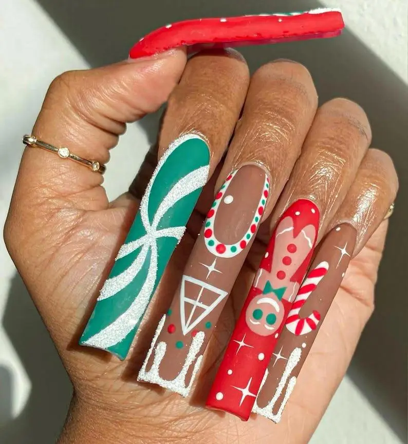 [BUY 2 GET 1 FREE] Christmas Candy Press On Nails, Gingerbread and Peppermint Design, Long Coffin Holiday Nail Art, Bold Festive Set