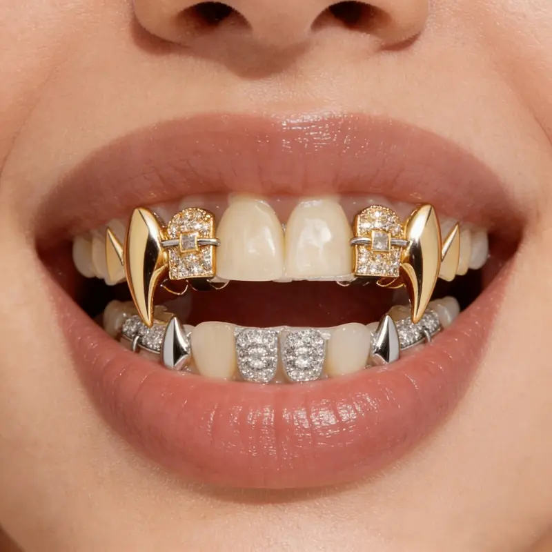 A Set of Golden Teeth, Featuring Approximately One Stone. This Is a Stylish Set of Dental Accessories with a Unique Design. Suitable for Both Casual Attire and Formal Occasions.