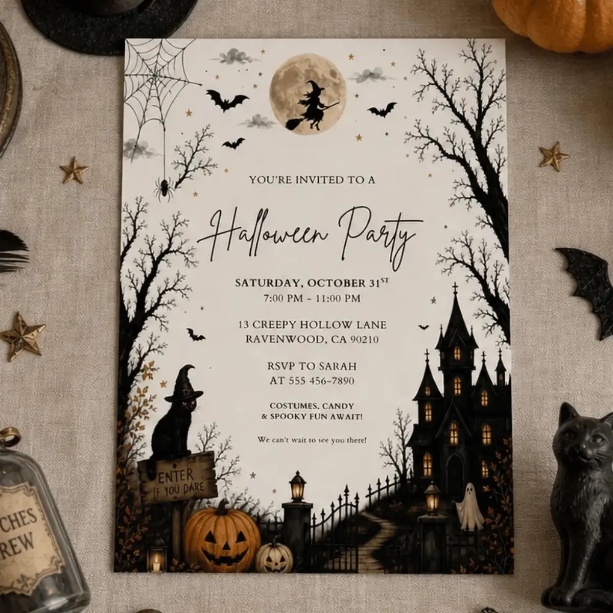 Halloween Party Invitation Printed Card - Vintage Haunted House, Witch, Pumpkin, Spooky Theme Night Party Invite by VELMIREL LLC (Office Stationery Supplies)