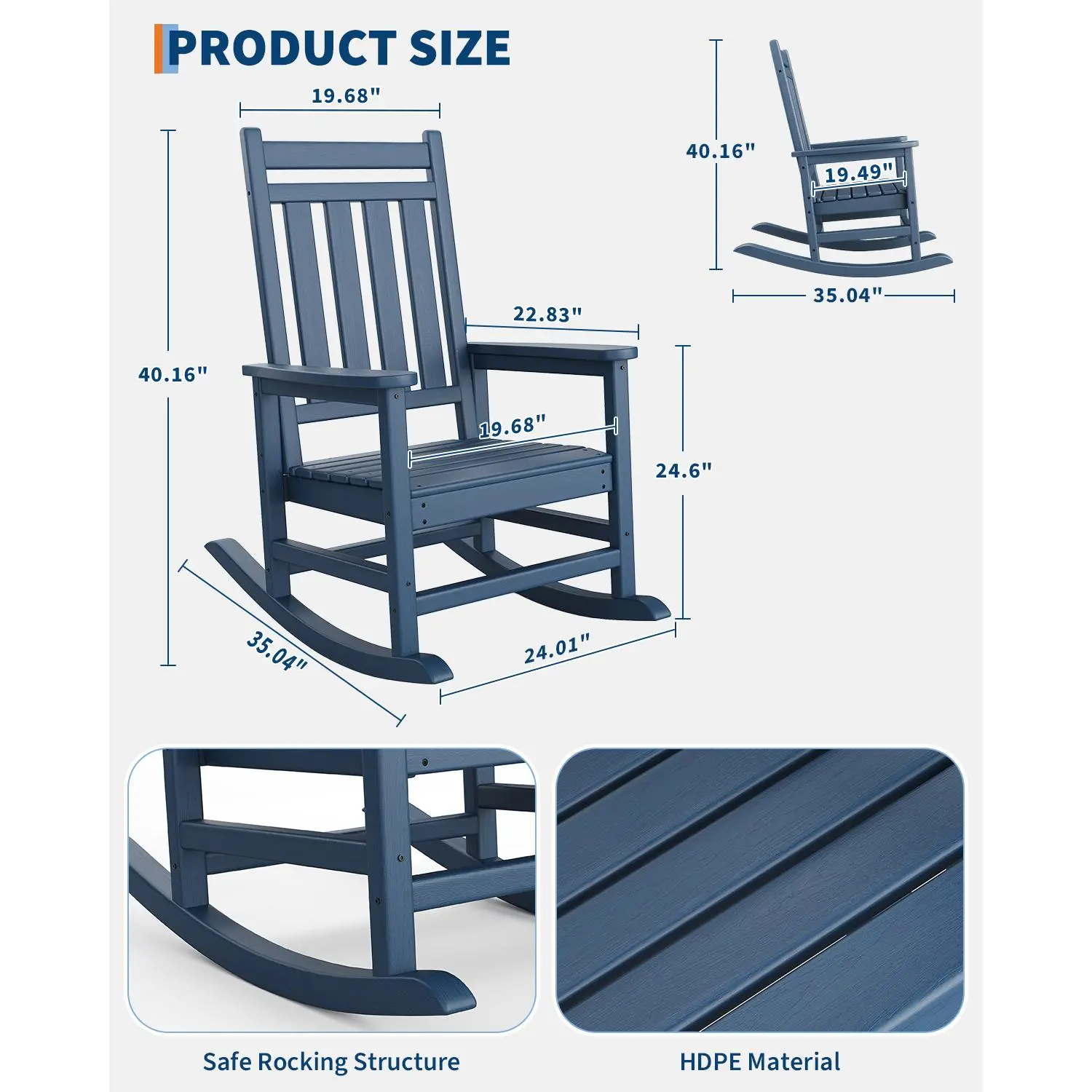 HDPE Poly Lumber Outdoor Rocking Chair for Patio – Weather Resistant, High Back, Comfortable, Easy Assembly – Perfect for Garden, Lawn, or Deck – Classic Black