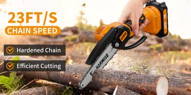 HANWISE 12 inch brushless electric chain saw features an enhanced handheld design with cordless and portable functions. It is very suitable for cutting wood, maintaining yards and gardens. It is an excellent gift choice for men and husbands.