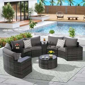 11-Piece Half-Moon Sectional Outdoor Patio Conversation Set with Sofa and Tempered Glass Round Coffee Table
