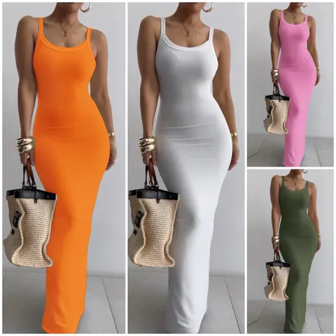 ChicMe Women's Sleeveless Solid Breathable Casual Comfy Polyester Spaghetti Strap U-Neck Slim Fit Maxi Cami Dress - Pink, Bachelorette Party, Wedding Guest Event Wear