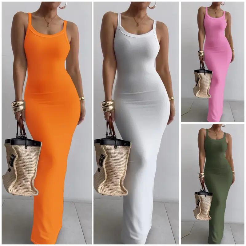 ChicMe Women's Sleeveless Solid Breathable Casual Comfy Polyester Spaghetti Strap U-Neck Slim Fit Maxi Cami Dress - Pink, Bachelorette Party, Wedding Guest Event Wear