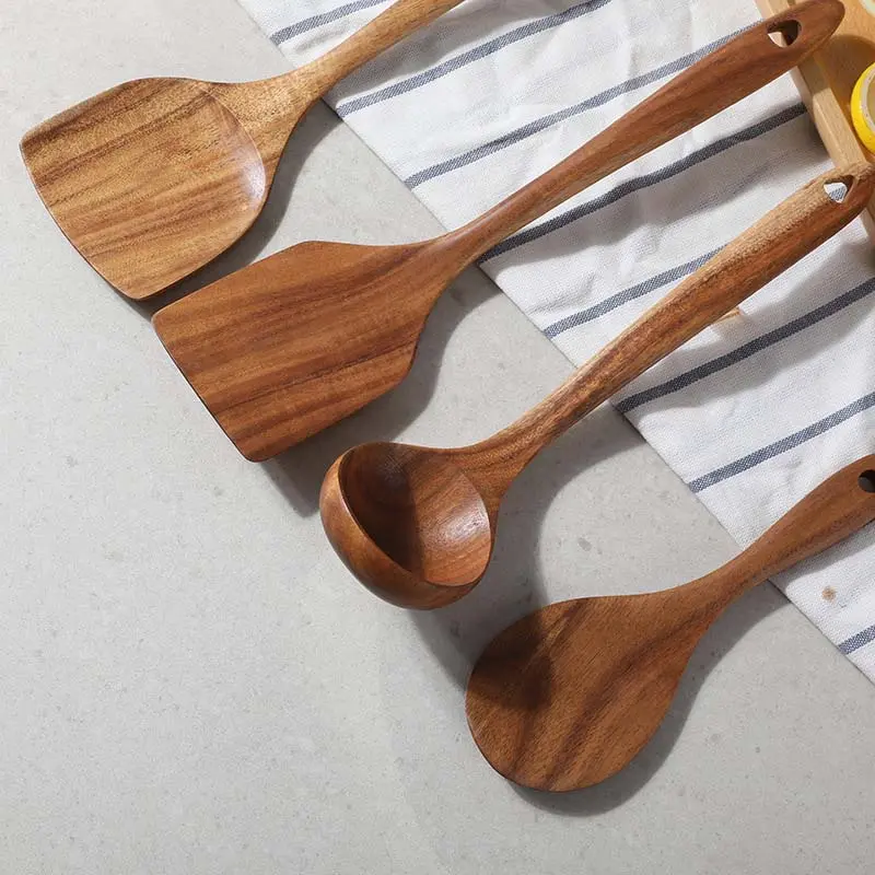 1 Box (5 Pieces) Premium Natural Solid Wood Kitchen Utensil Set - Sturdy, Lightweight, Ergonomic Smooth Handles, Eco-Friendly Wooden Cooking Utensils & Accessories, Ideal Housewarming Gift for Daily Tasks, Kitchen Accessories, Curved Handles