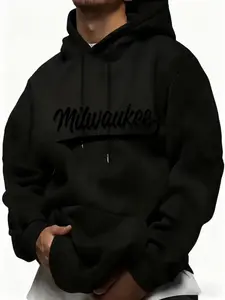 Men's Loose Casual Hoodie, Milwaukee Print, Drawstring Hooded Sweatshirt, Oversized Style, Streetwear Essential, Sporty Fashion