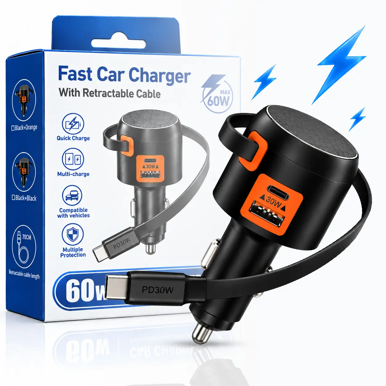 30W PD 3-in-1 Retractable Car Charger, USB Type-C Fast Charging Adapter With Built-In Retractable Cable, USB-A Port, Smartphone Car Charger, Quick Charge Adapter