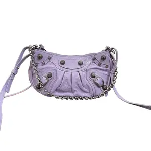Pre-owned Balenciaga calfskin Shoulder Bags Iconic Light Purple Waxed Studded Motorcycle Bag with Chain Underarm & Crossbody Strap for Streetwear