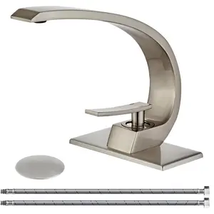 Brushed Nickel Bathroom Sink Faucet, Design Single Handle Single Hole Brass Lavatory Vanity Faucet,Basin Mixer Tap with Supply Hose and Pop Up Drain Assembly