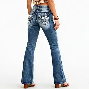 Women's Tummy Control Flare Jeans - Womenswear Bottoms with High-Waist, Angel Cross Wing Embroidery Back Pocket, Vintage Washed Stretch Western Cowgirl Denim Pants