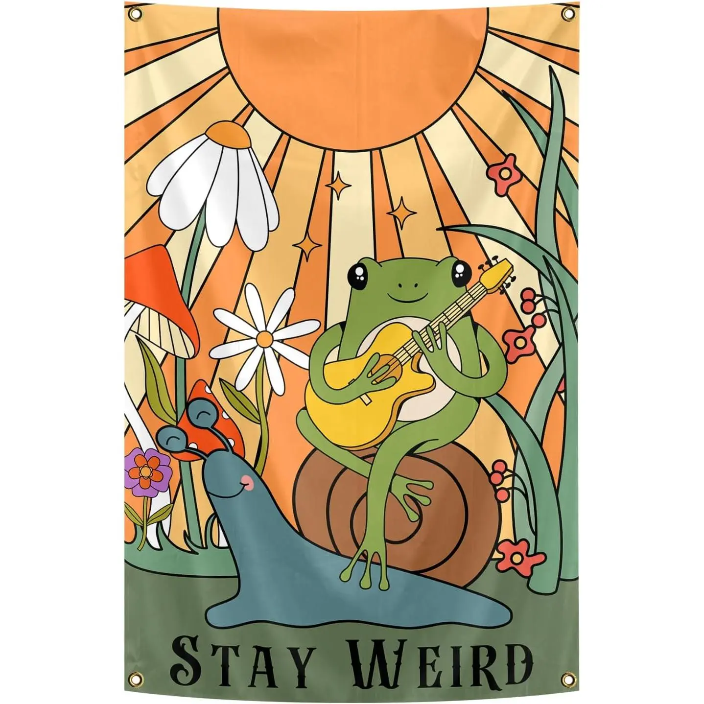 Vintage Boho Wall Hanging Funny Flags Banjo Playing Frog Wall Aesthetic Vertical Tapestry for Bedroom Living Room Dorm Decor