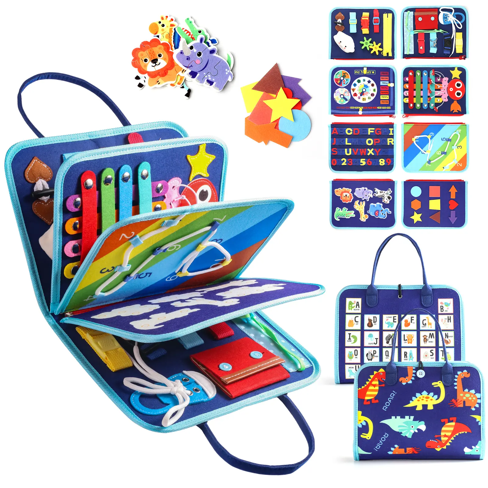 Montessori Toddler Busy Board - 1 Count Felt Fabric 8 Pages Interactive Game Board with Zipper, Button, Jigsaw Puzzles, Calendar, Preschool Learning Tool for Fine Motor Skill Development, Birthday Gift