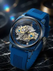 Vintage Floral Blue Hollow Men's Mechanical Watch, Deep Blue Alloy Case, Silicone Strap, Roman Numerals, Waterproof, Casual Style