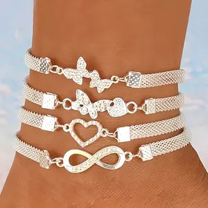 Women's Silver Anklets Combo Set - Butterfly, Heart, Infinity Symbols, Adjustable, Fashionable Jewelry Accessories, Trendy Wearable Accessory, Trendy Fashionable Accessories