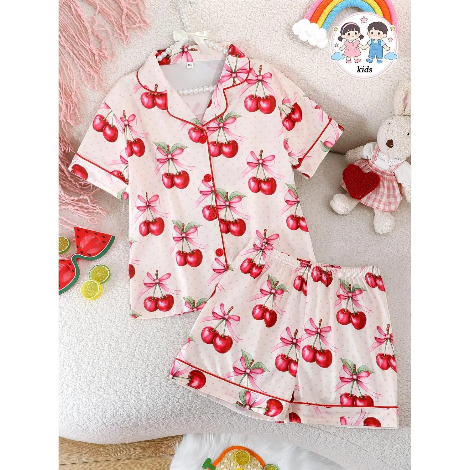 Girls' Cherry Polka Dot Pajama Set - 2 Piece Summer Sleepwear Short Sleeve Cardigan & Elastic Shorts with Bow Print