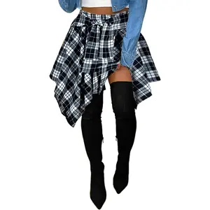 Summer Pleated Skater Skirt Plus Size High Waisted Asymmetrical Flowy Wrap Holiday Plaid Skirts with Pockets