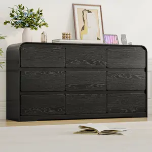 63" Wide 9-Drawer Dresser with Charging Station, Modern Chest with Rounded Corners, Wood Dresser & TV Stand for Bedroom, Living Room, Hallway, Nursery