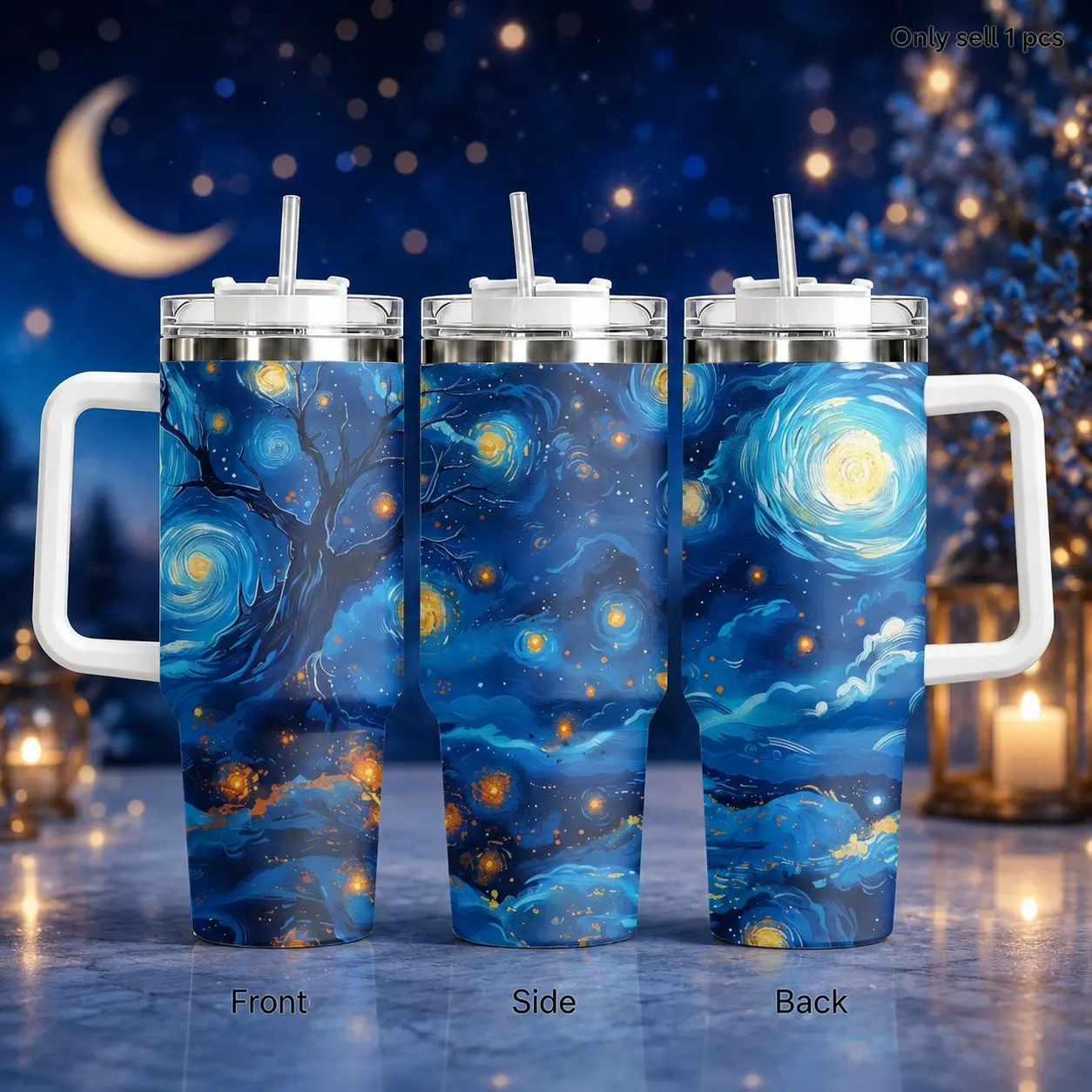 GuLuBoo Oil painting Starry Night Vacuum Flasks 40oz Stainless Steel Insulated Tumbler, Leak-proof Travel Mug with Straw, Portable Water Bottle for Coffee, Gym & Office, Creative Drinkware Cup Ideal Gift for Family
