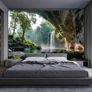 1pc Extra Large Tapestry - Tropical Jungle Waterfall Scene with Lush Greenery & Misty Waterfall, No Installation Needed, Self-Adhesive Backing for Living Room, Bedroom, Party Decor - Modern Home Decoration Wall Hanging, Waterfall Wall Decor, Serene Room A