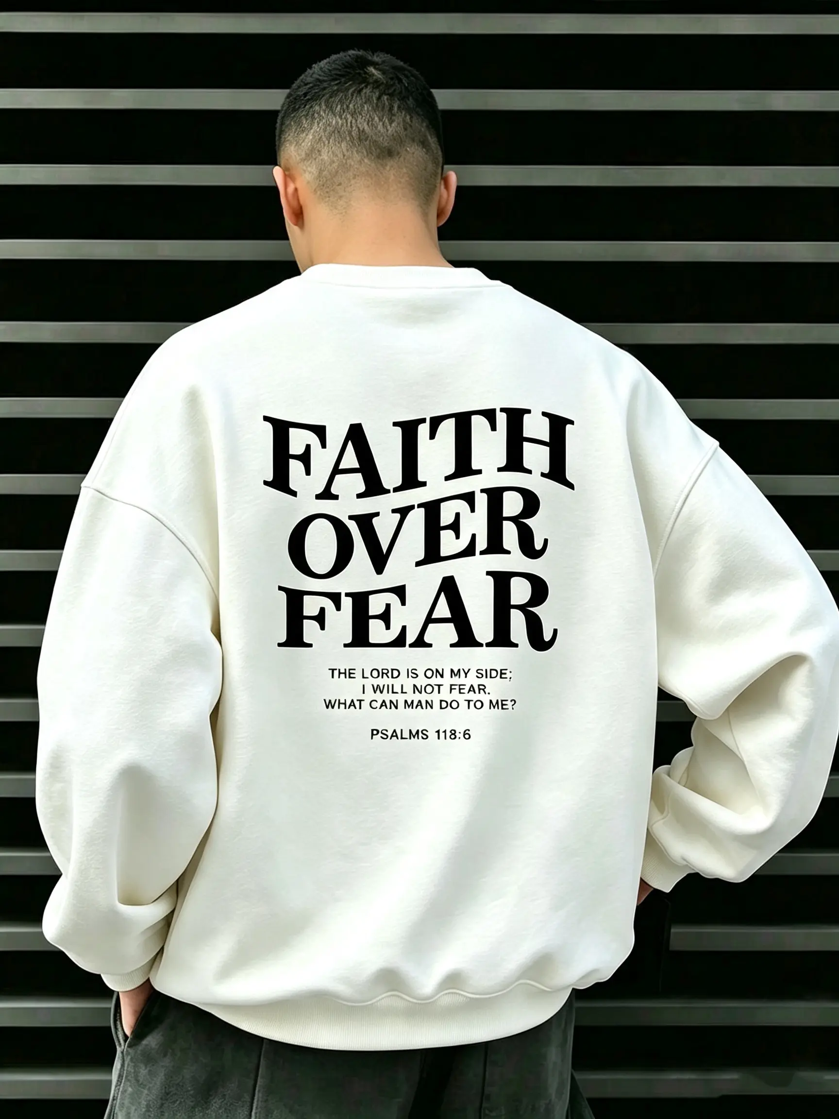 Men’s Minimalist Retro Loose Crewneck Sweatshirt - Menswear, "Faith Over Fear" Back Lettering Pullover, Unisex Couple Matching Top, Vintage Casual Oversized Plus-Size, Trendy Aesthetic Streetwear for Back-to-School (Pairs Well with Jeans)