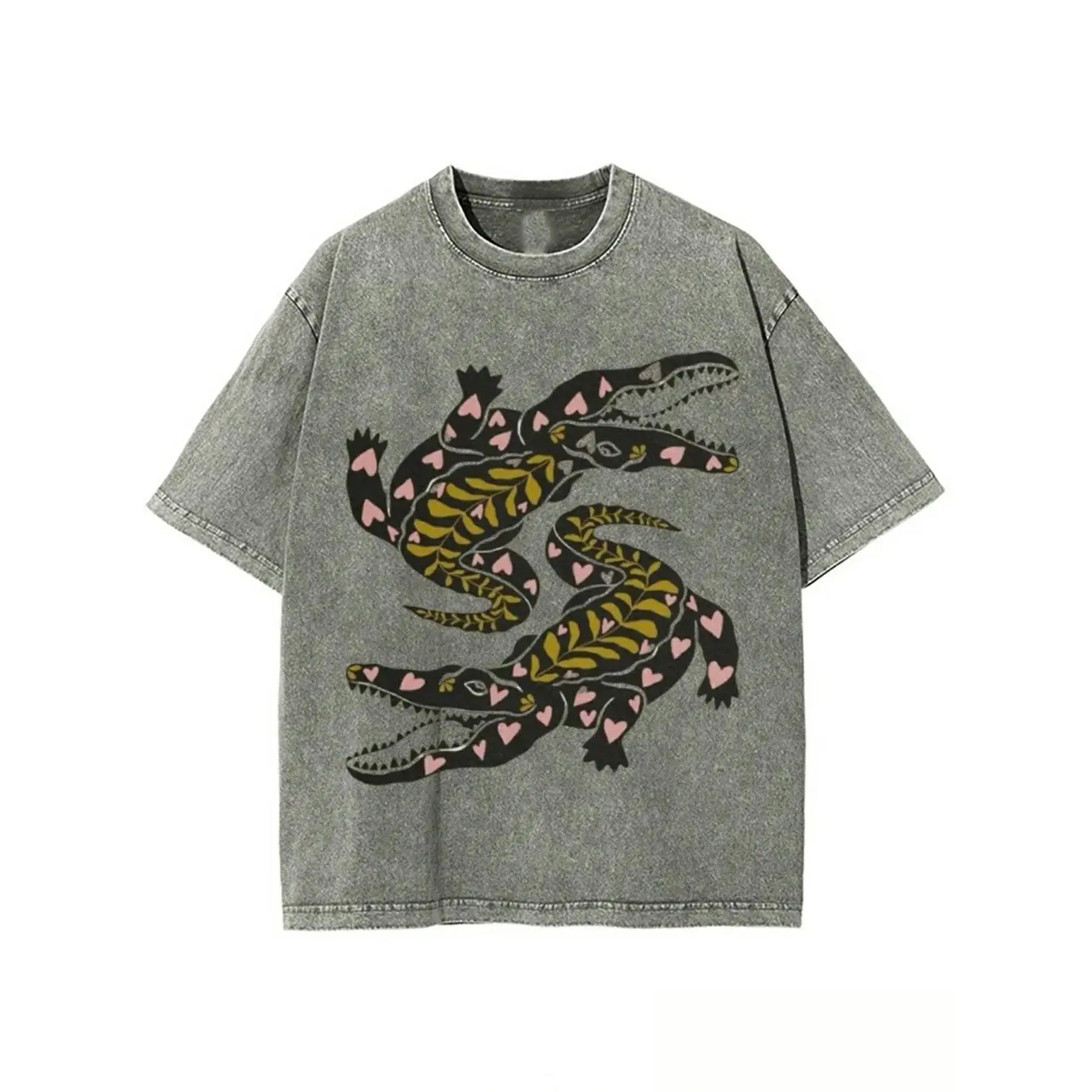 Washed, Heart-shaped Crocodile Print T-shirt, High-quality Washed Retro Fashion Brand T-shirt, Unisex T-shirt, Casual Attire, Holiday Gift, Perfect Present.