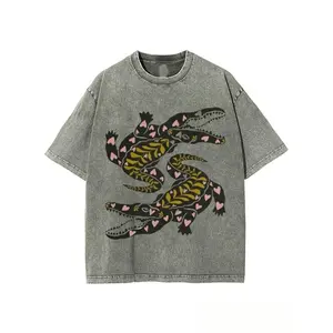 Washed, Heart-shaped Crocodile Print T-shirt, High-quality Washed Retro Fashion Brand T-shirt, Unisex T-shirt, Casual Attire, Holiday Gift, Perfect Present.