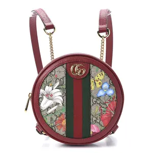 Pre-owned GUCCI Supreme GG Canvas, Leather Backpacks GG Supreme Monogram Web Flora Mini Ophidia Round Backpack Red