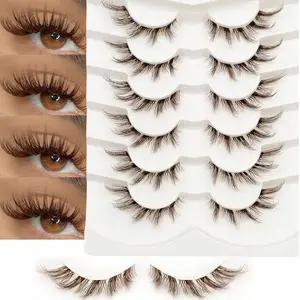 New 6-Piece Furry Brown False Eyelashes, Transparent Tape Invisible Style, Crossed Curl Fox Eye, Cosmetic
