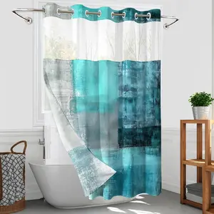 Hookless Shower Curtain with Snap in Liner, Turquoise No Hook Shower Curtain with Liner Set, Abstract Bathroom Curtain with Liner and See Through Top Window Bathroom Decor Set, 71x74 Inches