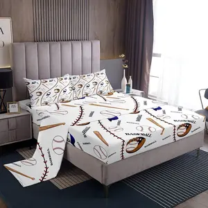 Sports Baseball Bed Sheet Set,Baseball Bat and Gloves Hat Decor Bedding Sheet,Fun Sport Bedding Fitted Sheet,Ball Competition Game Bed Set