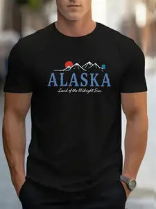 Mens Alaska Graphic Print T-Shirt - Breathable Crew Neck Short Sleeve Tee with Alaska State Flag Design Northern Lights & Land of The Midnight Sun Slogan - All-Season Casual Outdoor Shirt for Men & Women Unisex Fit Ideal for Travel & Casual at