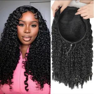 Burmese Curly Half Wigs Human Hair 180% Density Curly 3 In 1 Half Wigs With Drawstring for Women Water Wave Glueless Wig Human Hair with Spiral End