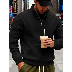 Men’s half-zip stand-collar sweatshirt with kangaroo pocket, fleece-lined warm pullover, casual sports outdoor jacket for daily wear and sport