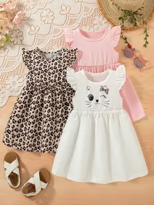 Baby Girls Leopard Print Cartoon Cat Dress Set, Three-Piece Fly Sleeve, Cute and Stylish Kids Clothing, Kids Outfits, Perfect for Playtime, Fun During Play, Leopard Pattern, Baby Girl Clothes