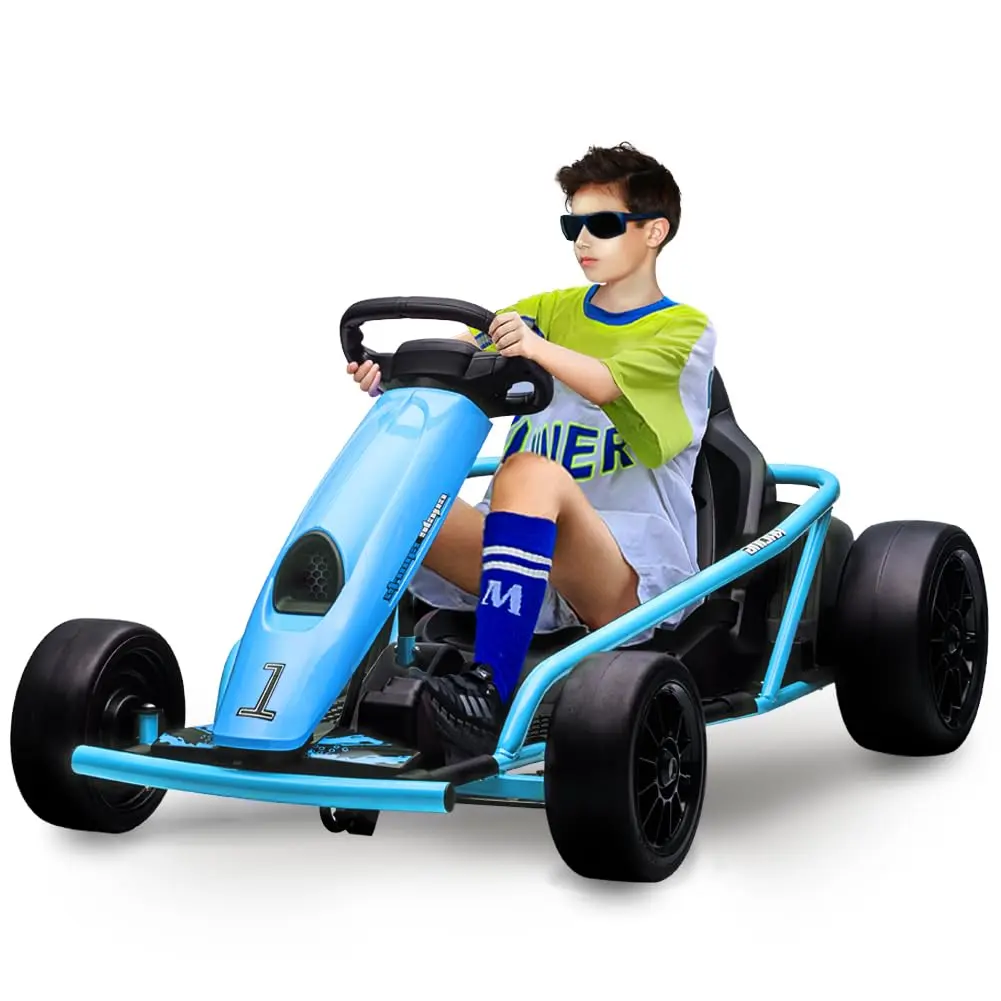 Garvee Heavy Duty Electric Go Kart for Kids 8–14, 24v Ride-on Racing Toy with Dual 300w Motors, Impact-Resistant PE Body & Iron Frame, 8.1 MPH Drifting Fun, Max Load 155 Lbs,Music, Horn, Seat Belt,Blue