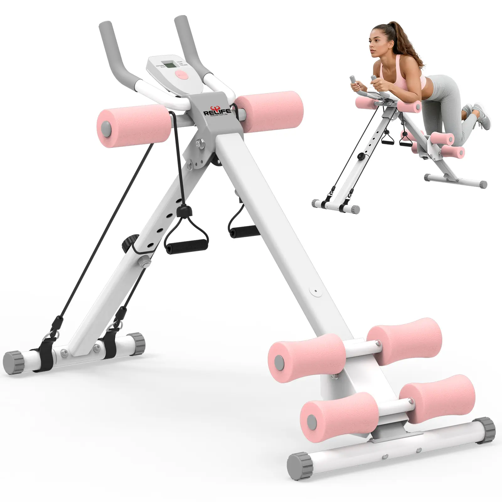 Relife Sports Pink Adjustable Ab Machine - Foldable Waist Trainer for Home Gym Strength Training, Full Body Workout Equipment Suitable for Beginners
