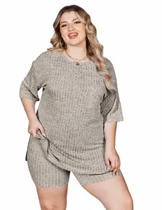 Plus Size Women's 2 Pack Tracksuit Outfits Sets Ribbed Knit Sets Short Sleeve Top Drawstring Casual Shorts Set Comfy Womenswear Clothing Elastic#US 2025 Deals for You Days