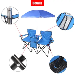 Portable Outdoor 2-Seat Folding Chair with Removable Sun Umbrella Blue Durable Steel Tube Oxford Material for Fishing Sunbathing