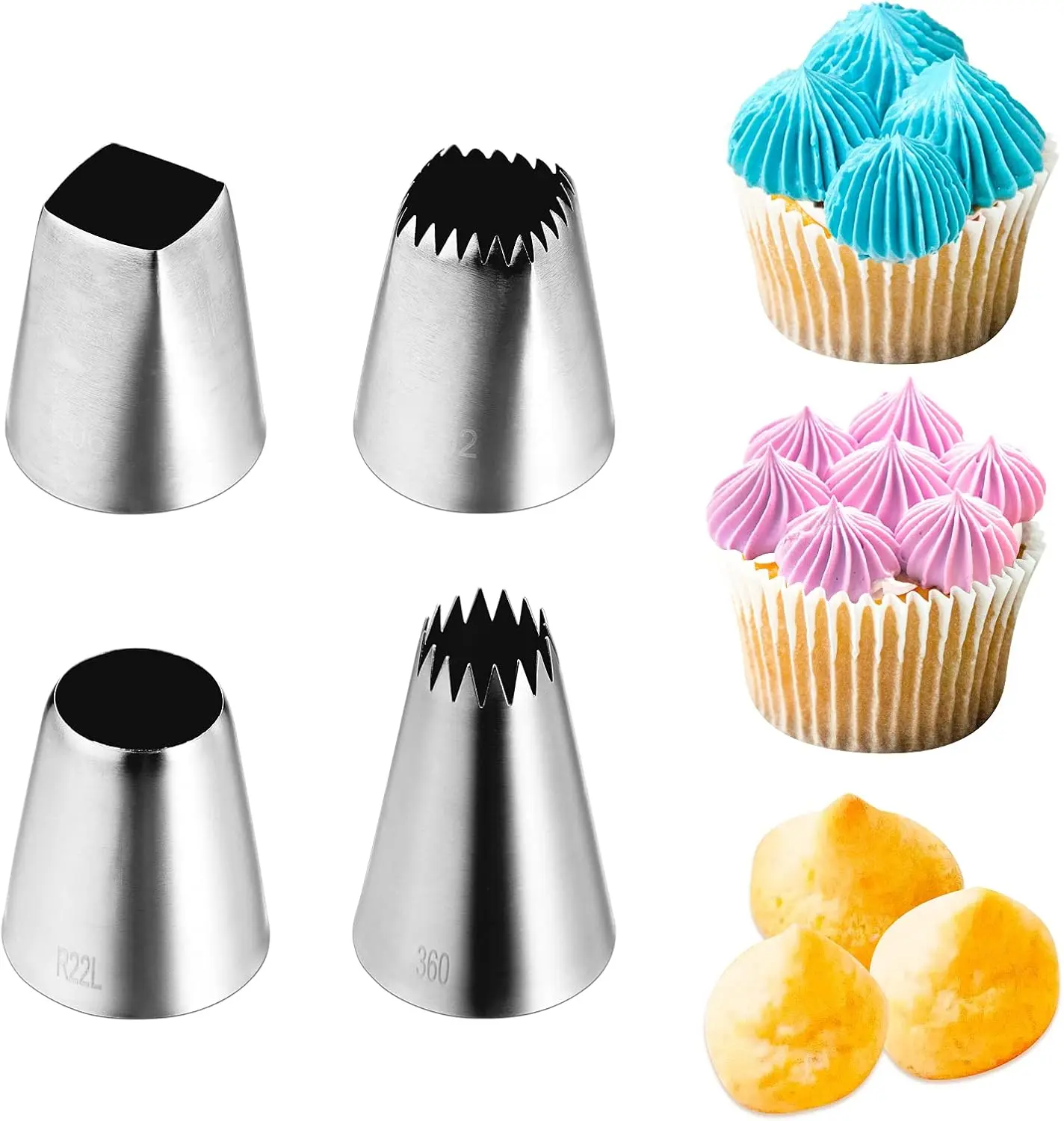4 count Large Square Round Piping Nozzles Set,Stainless Steel Icing Nozzles Piping Kit for Cake Decorating