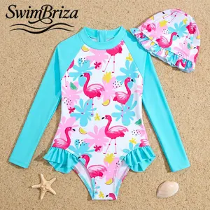 Briza｜Girls Long Sleeve Ruffle One Piece Swimsuit Aqua Flamingo Floral Print Bathing Suit with Matching Hat and Swim Shirt Cover Up Beach Pool Summer Vacation Swimwear, Girls Swimwear, Kids Bathing Suit, Rash Guard Swim Shirt, Ruffle Style